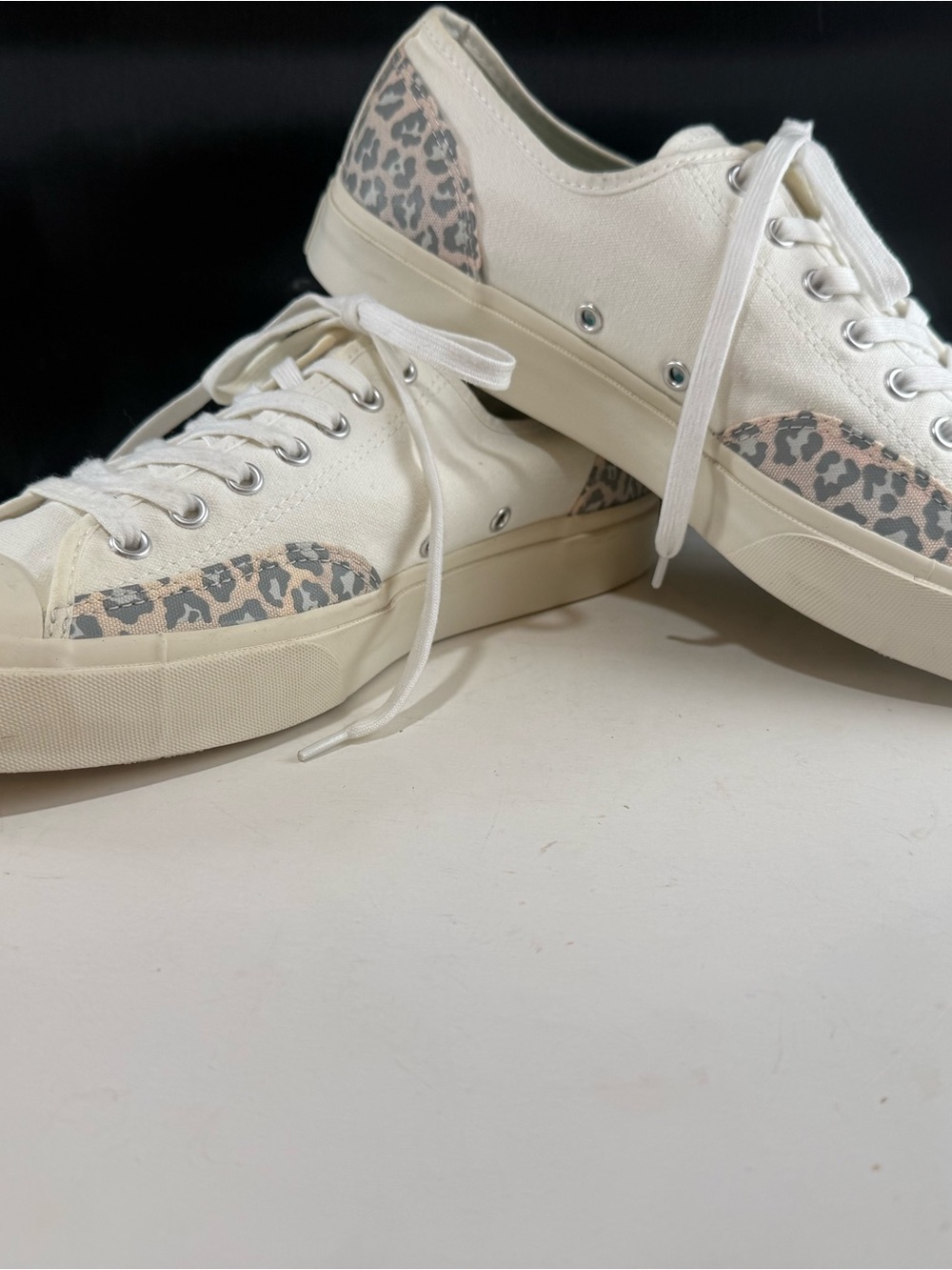 Size Men 10 Women 11.5 Converse White Low-Top Leopard Accent Jack Purcell Shoes - Picture 13 of 13